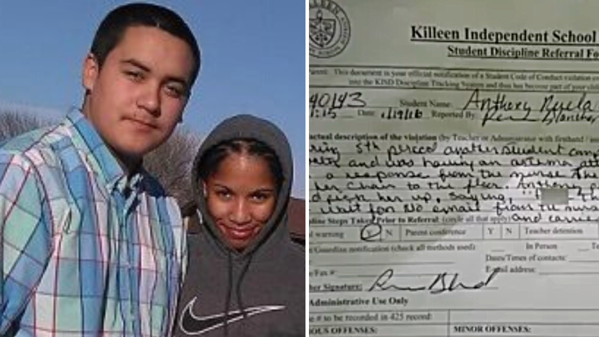 boy in a blue checked shirt with a girl wearing a black hoodie and a form issued by a school