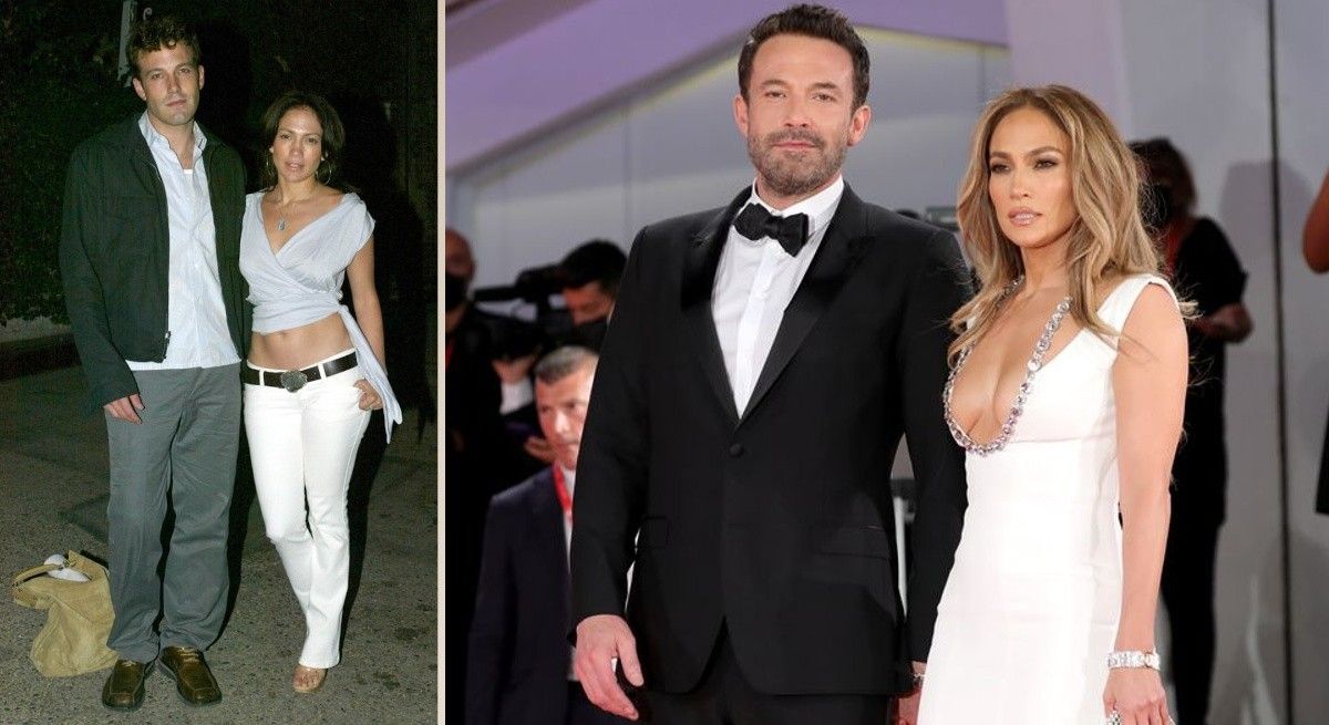 Ben Affleck in black tux and Jennifer Lopez in white gown.