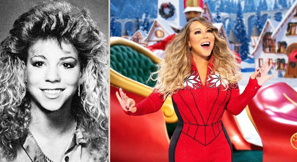 Black and white picture of Mariah Carey alongside a Christmas photo of her today.