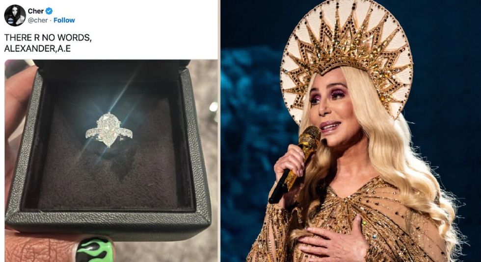 Cher in 2019 beside an image of her engagement ring.