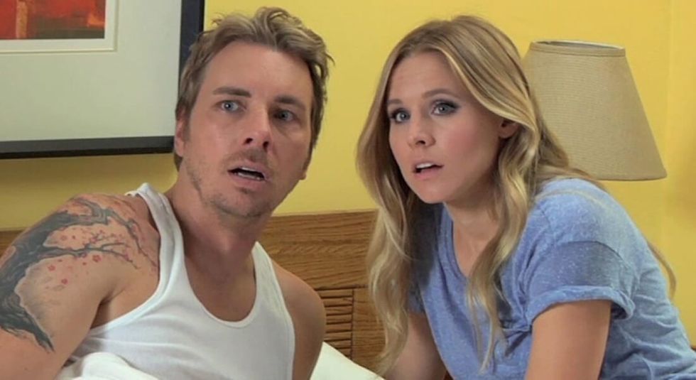 Kristen Bell and Dax Shepard in bed during filming.