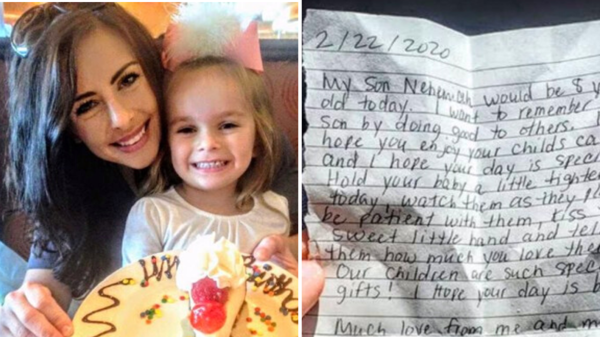 woman with a little girl holding a cake and a handwritten note