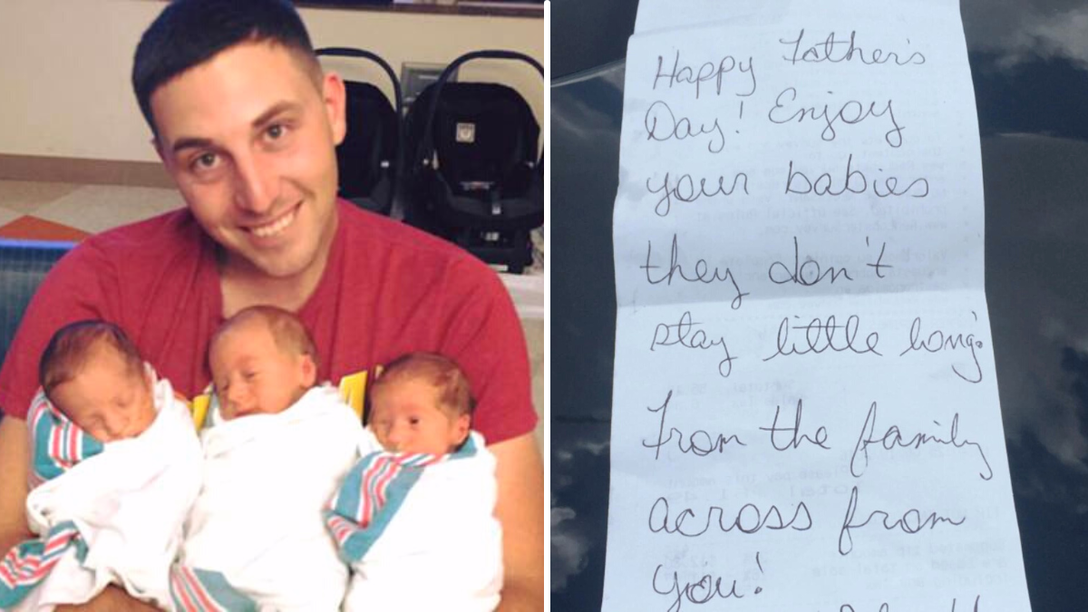 man holding three babies and a handwritten note