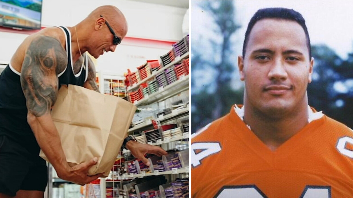 a man holding a paper bag at a store and a man in an orange jersey