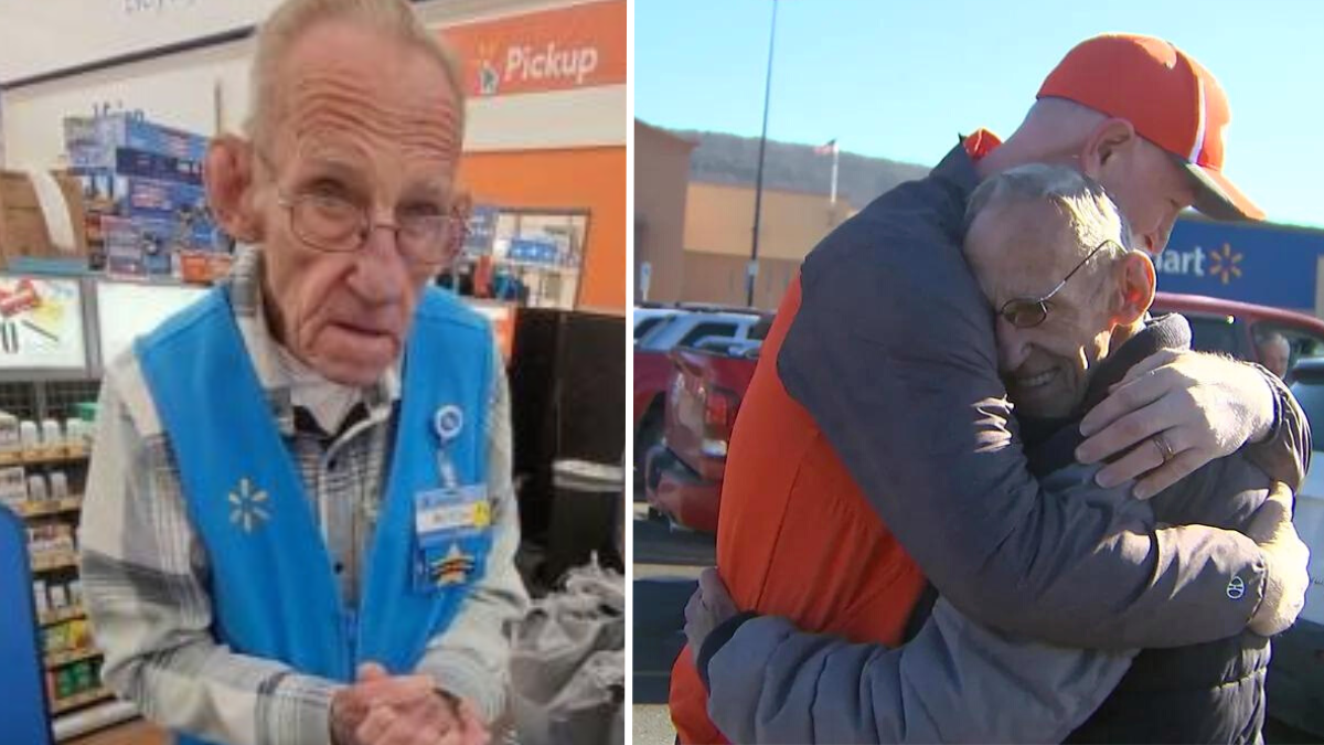 elderly walmart employee and an elderly man hugging another man