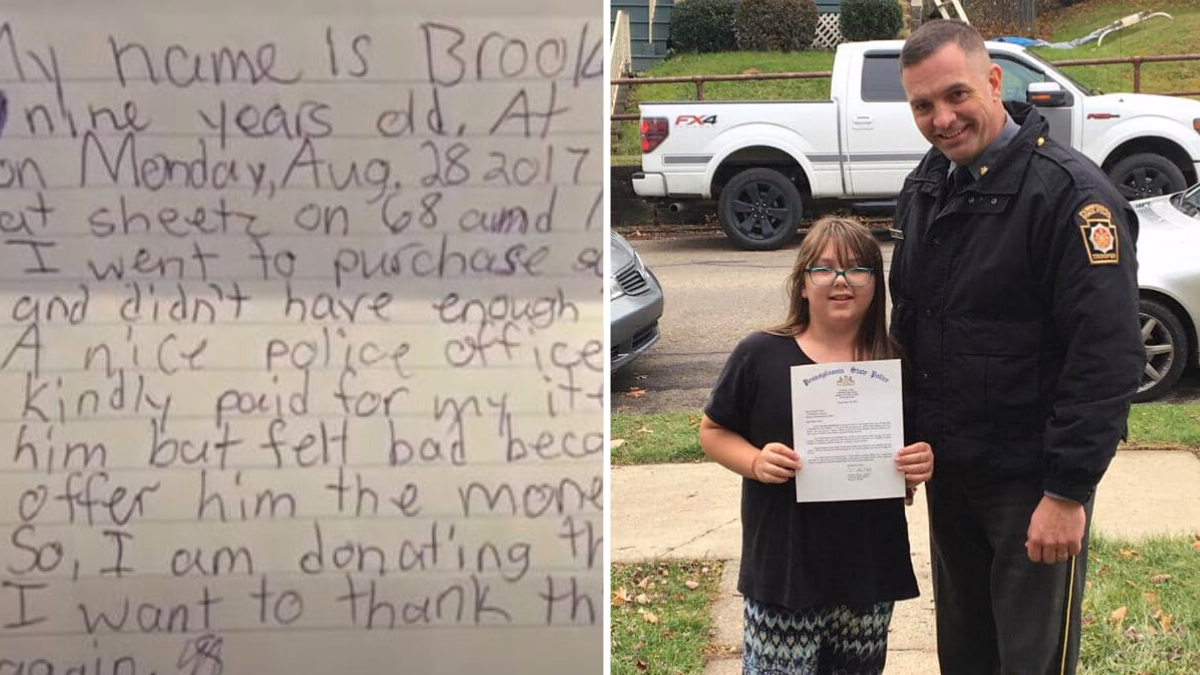 a handwritten letter and a little girl standing with a police officer