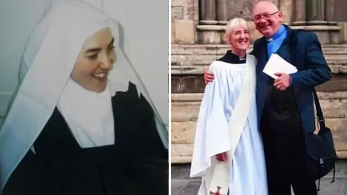 a nun and a couple standing together
