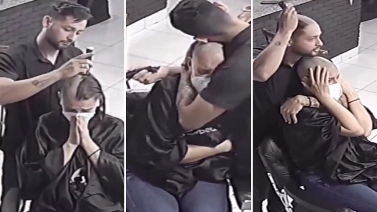 barber shaving a sobbing woman's head and then shaving his own