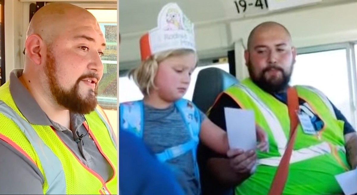 Bus driver hands letter to little girl.