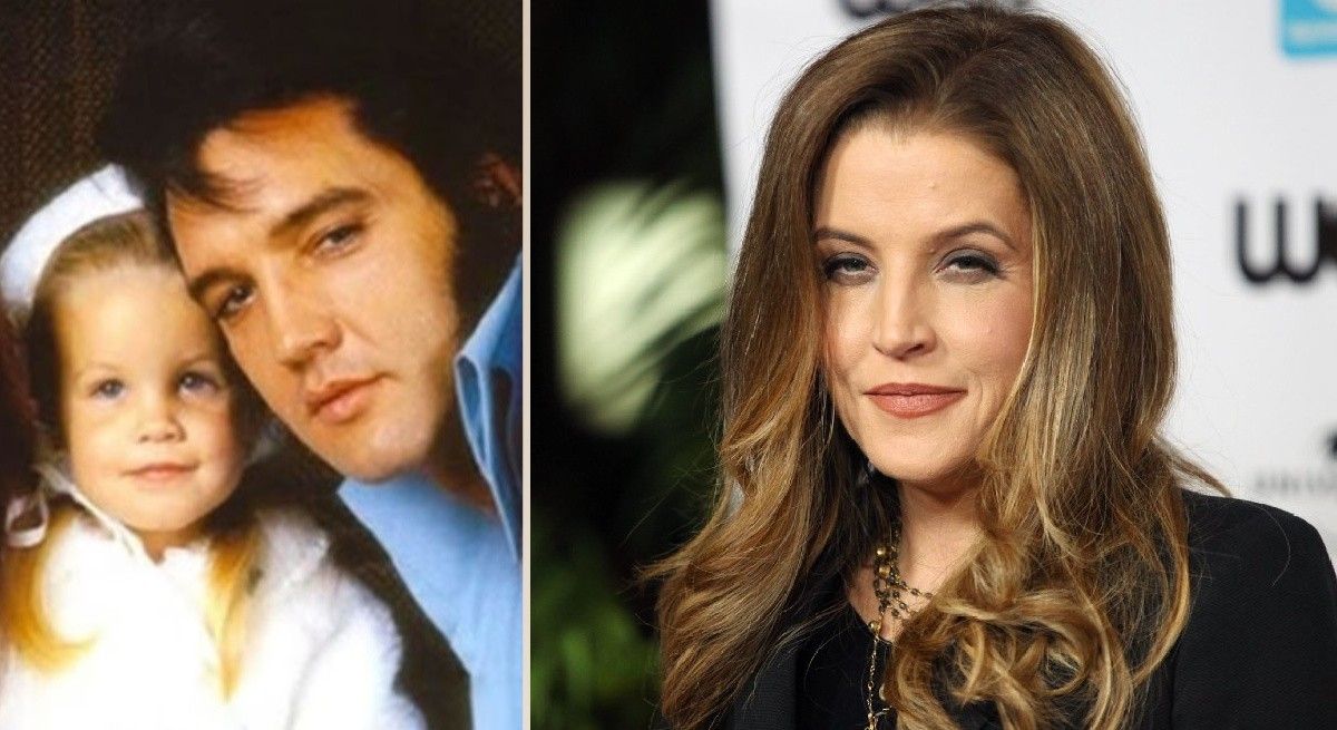 Lisa Marie Presley as an adult beside a photo of her as a young child with father Elvis.