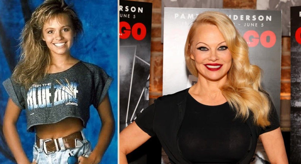 Pamela Anderson young in beer t-shirt and now in front of Chicago poster.