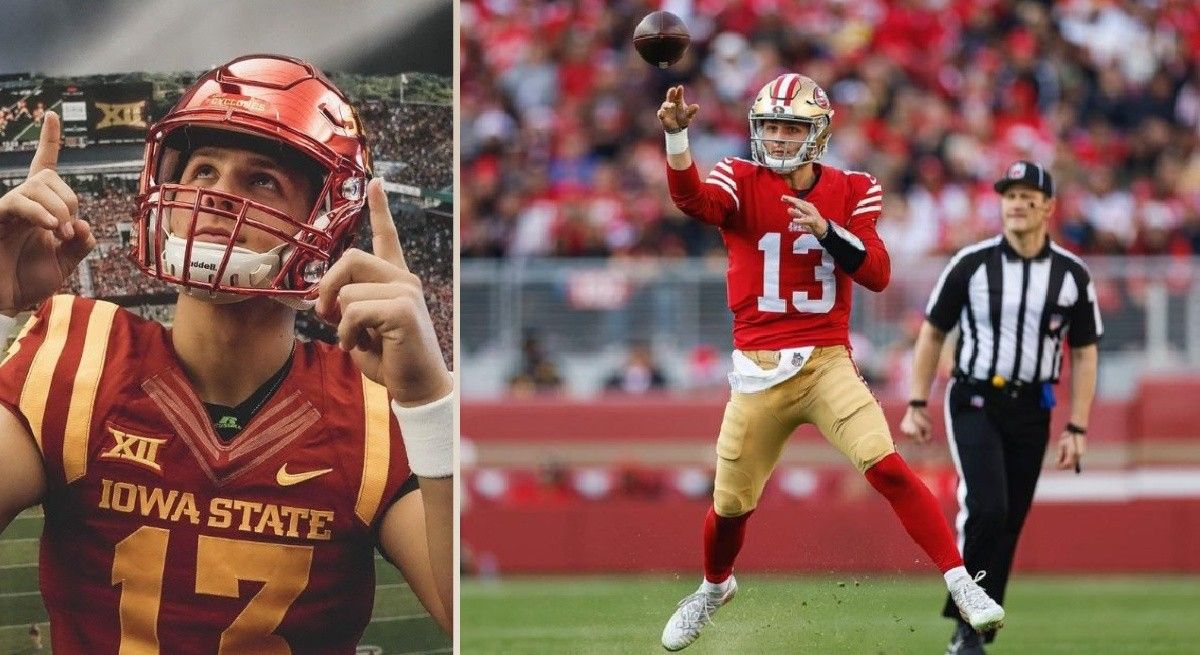 Brock Purdy in a 49ers jersey and an Iowa state jersey.