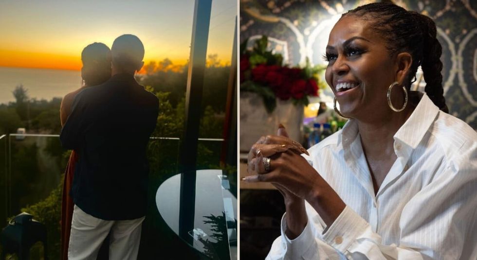 Michelle and Barack Obama marriage: hugging on a balcony.