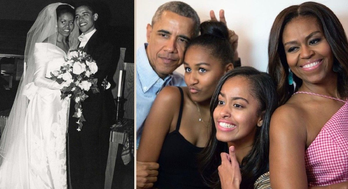 Michelle and Barack Obama marriage and posing with their children.