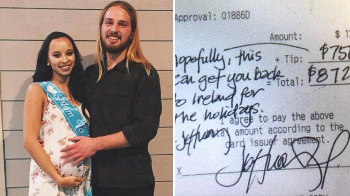 man standing with a pregnant woman and a note written on a restaurant receipt
