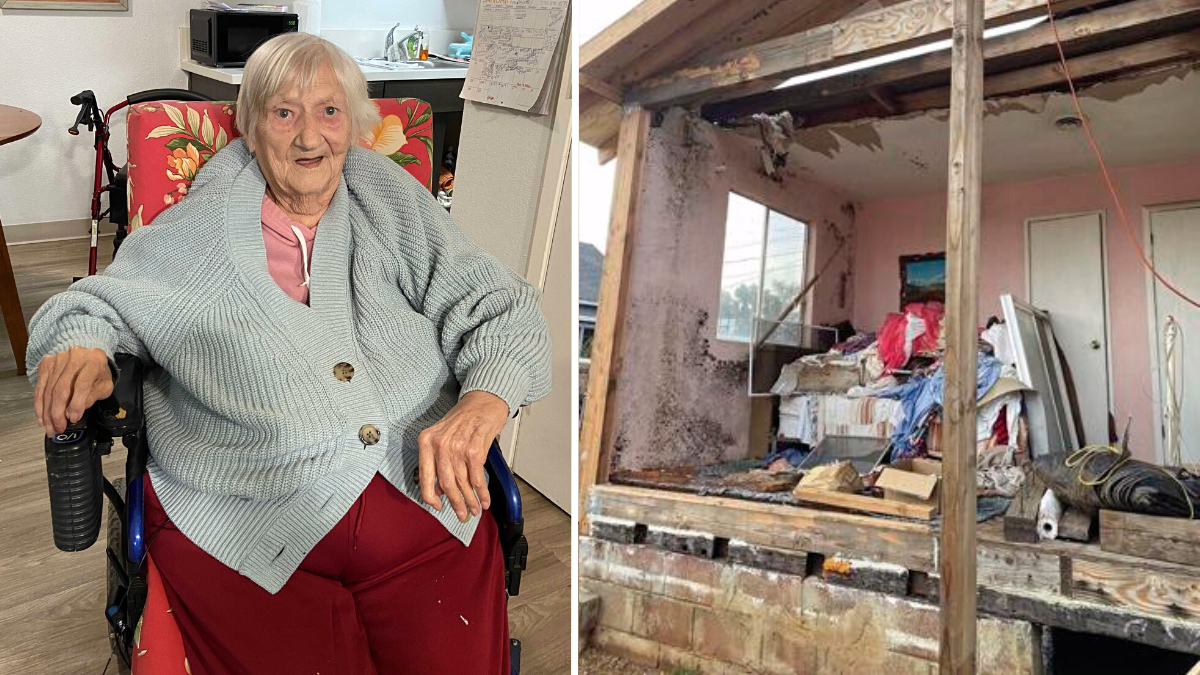 elderly woman sitting in a chair and a broken down home