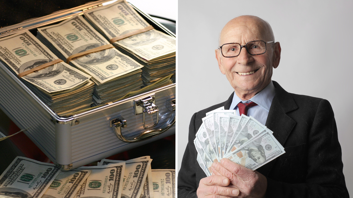 money in a cash box and an elderly man in a suit holding dollar bills