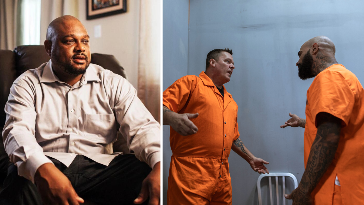 man sitting on a couch and two fighting in prison with orange jumpsuits