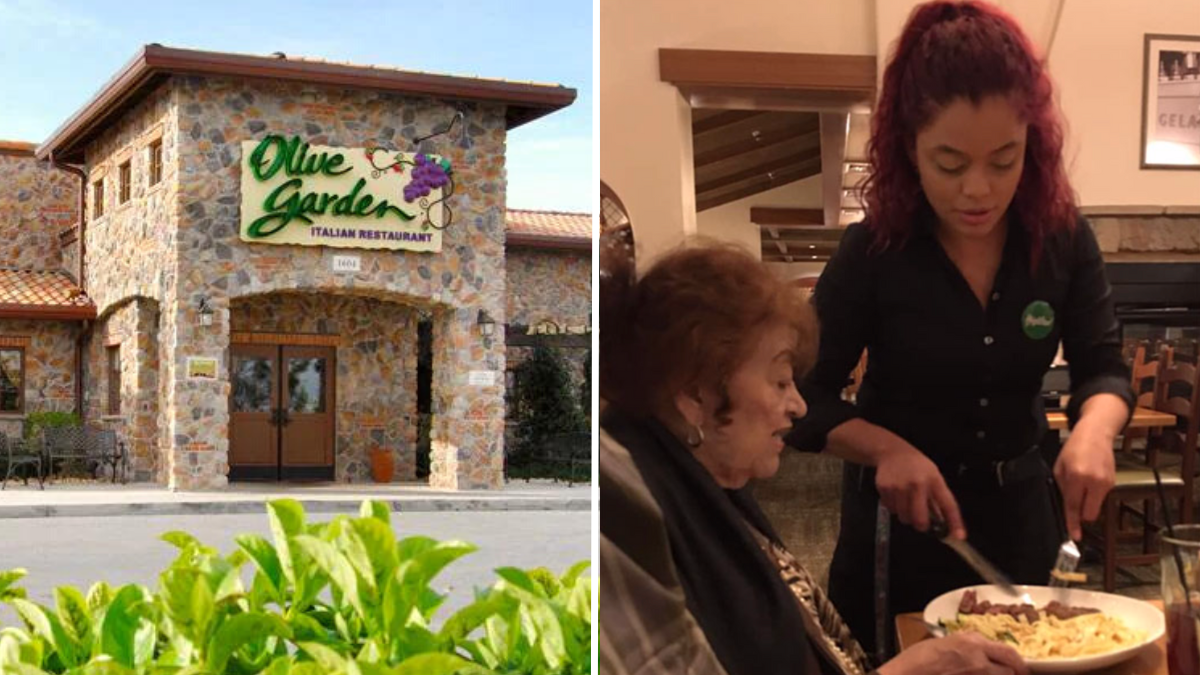 olive garden restaurant exterior and a woman cutting an elderly woman's food