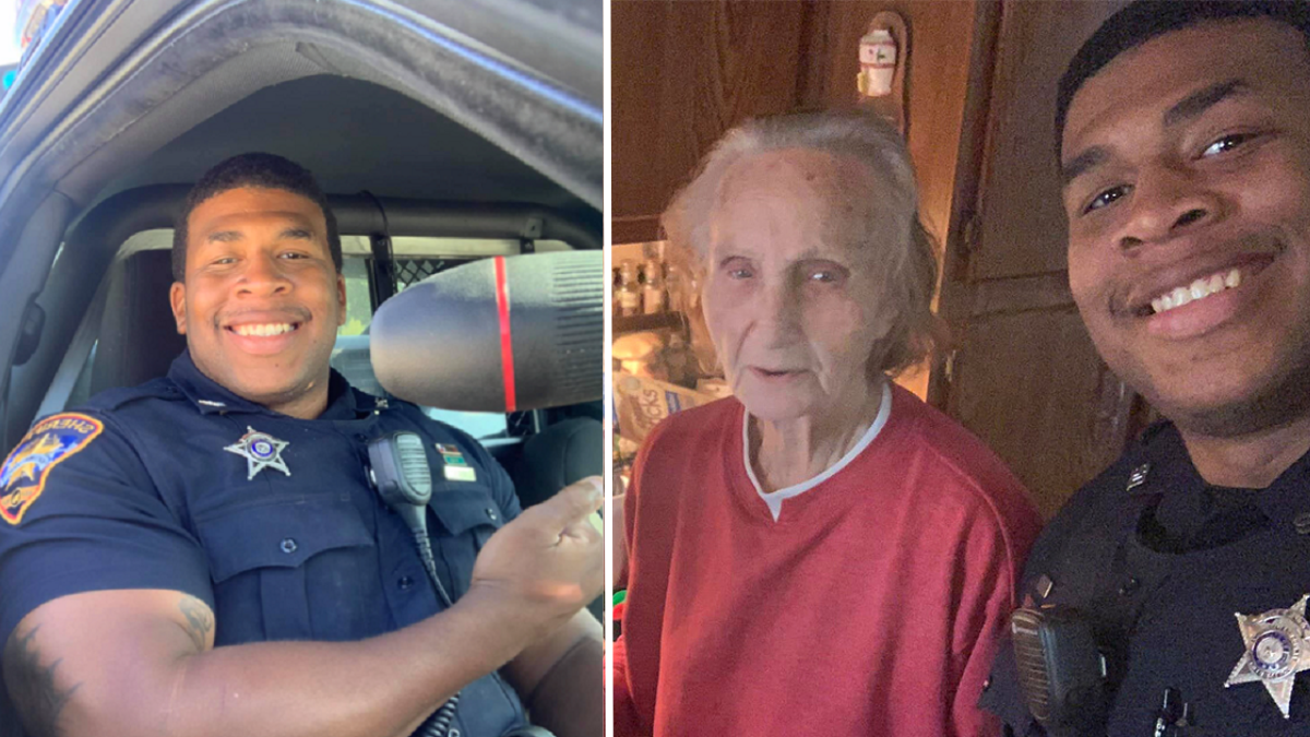 police officer sitting in a car and a cop with an elderly woman