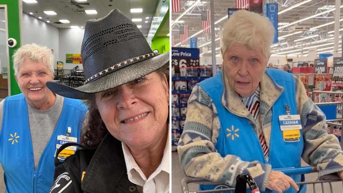 walmart employee taking a picture with a woman wearing a cowboy hat and a surprised walmart employee