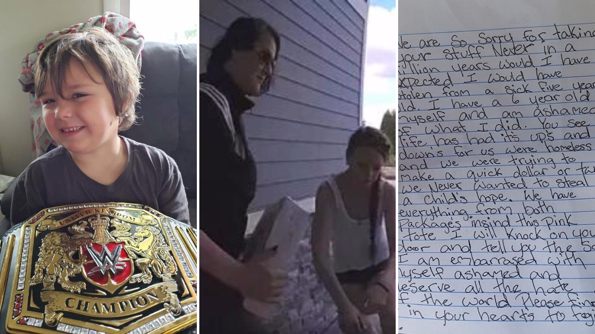 a little boy holding a championship belt, two thieves stealing packages and a handwritten letter