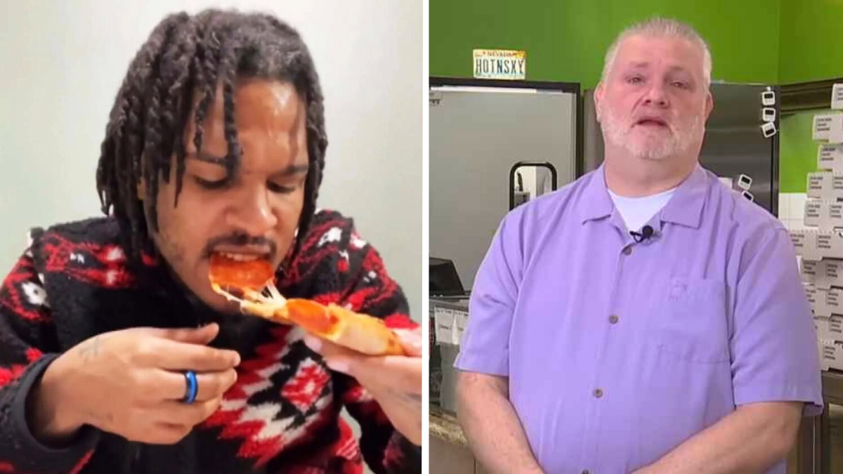 man eating a pizza and an elderly man in a lavender shirt
