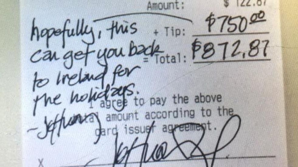 handwritten note on a restaurant bill