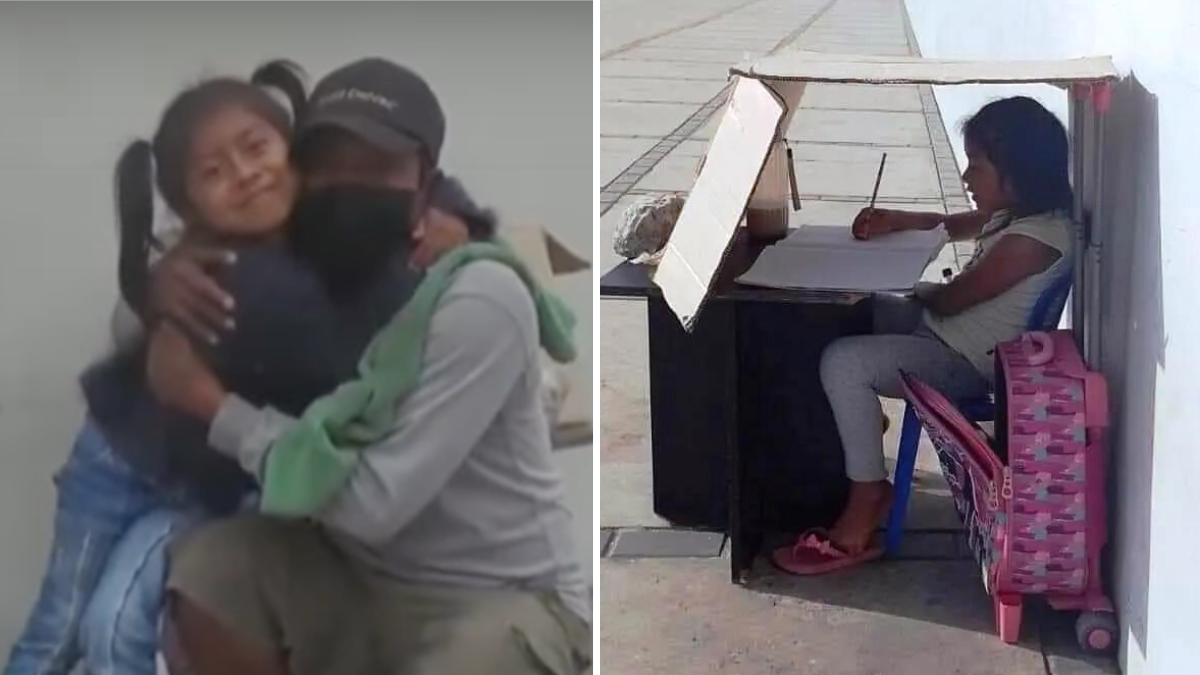 little girl hugging a man in a face mask and a girl studying under a cardboard box