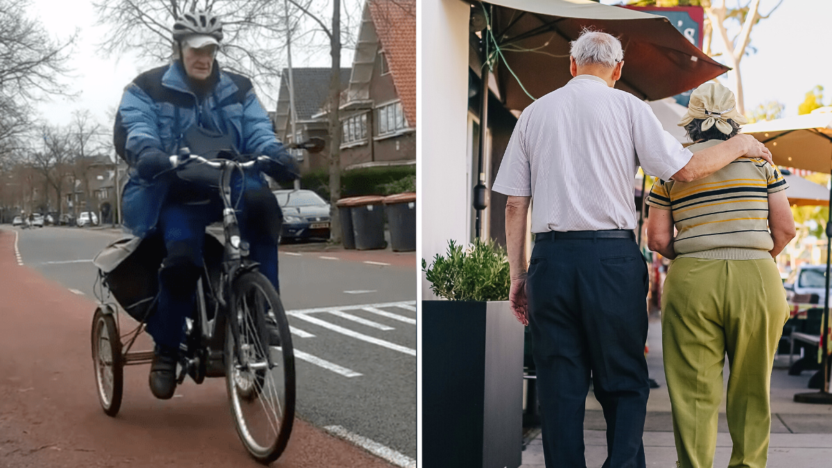 elderly man riding a bike and an elderly couple walking
