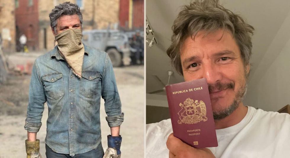 Pedro Pascal holding his passport and a screen shot from The Last of Us.
