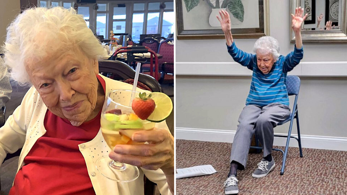 elderly woman holding a drink in her hands and an elderly woman doing exercise in a chair