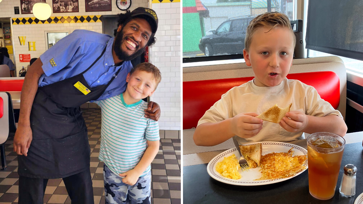 Waffle House waiter with a little boy and a little boy eating breakfast