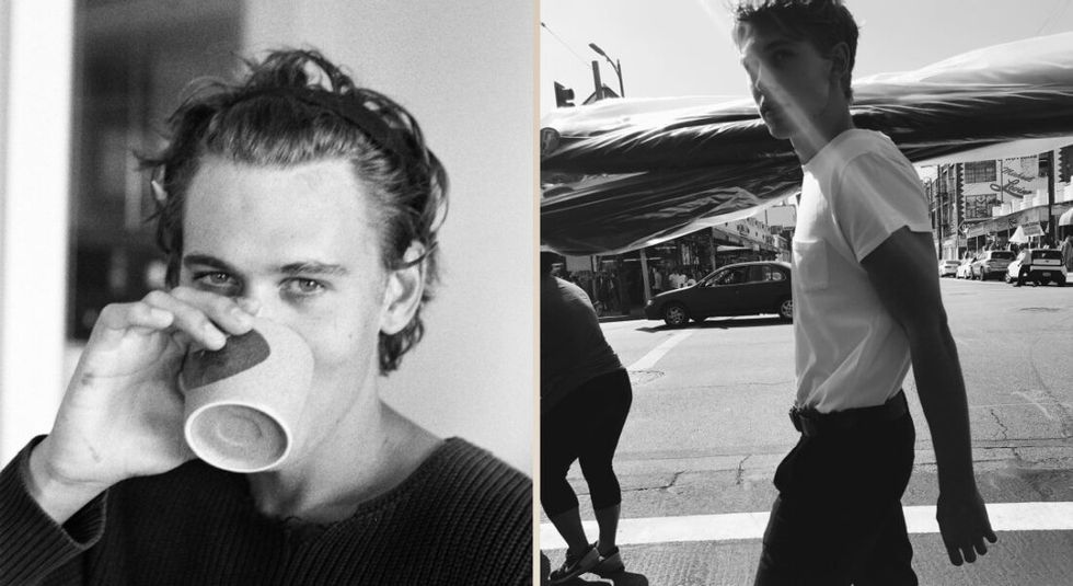 Austin Butler in black and white photos walking and drinking coffee. 