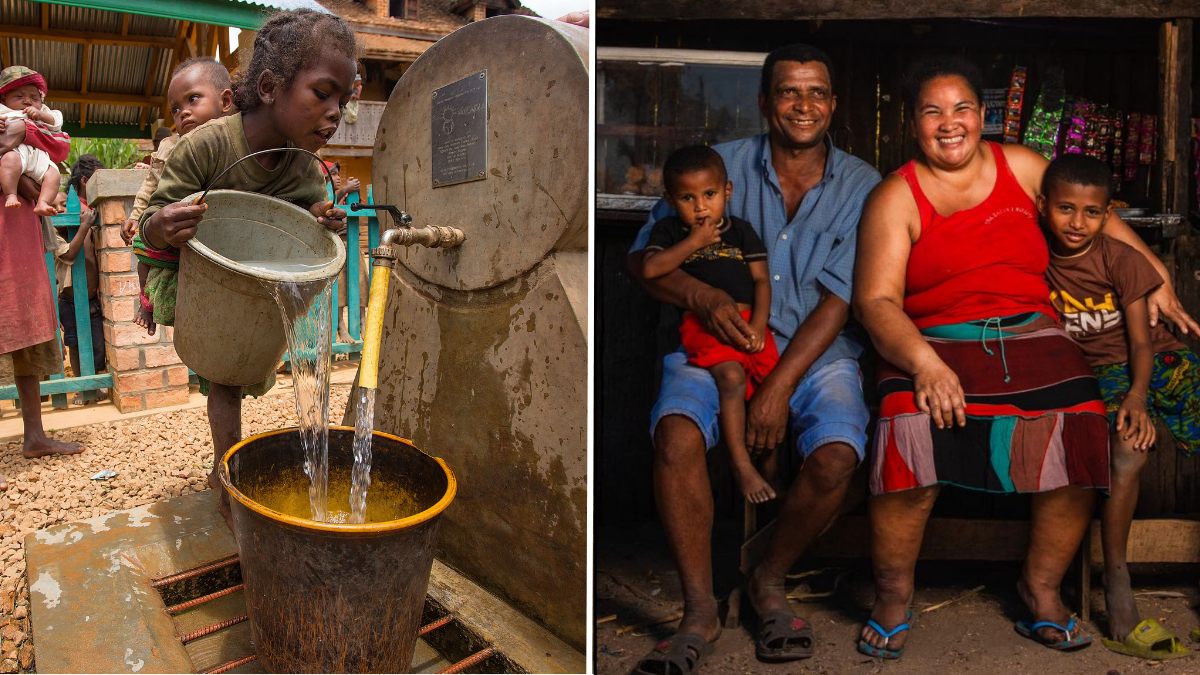 girl pumping water and a man and woman with 2 children