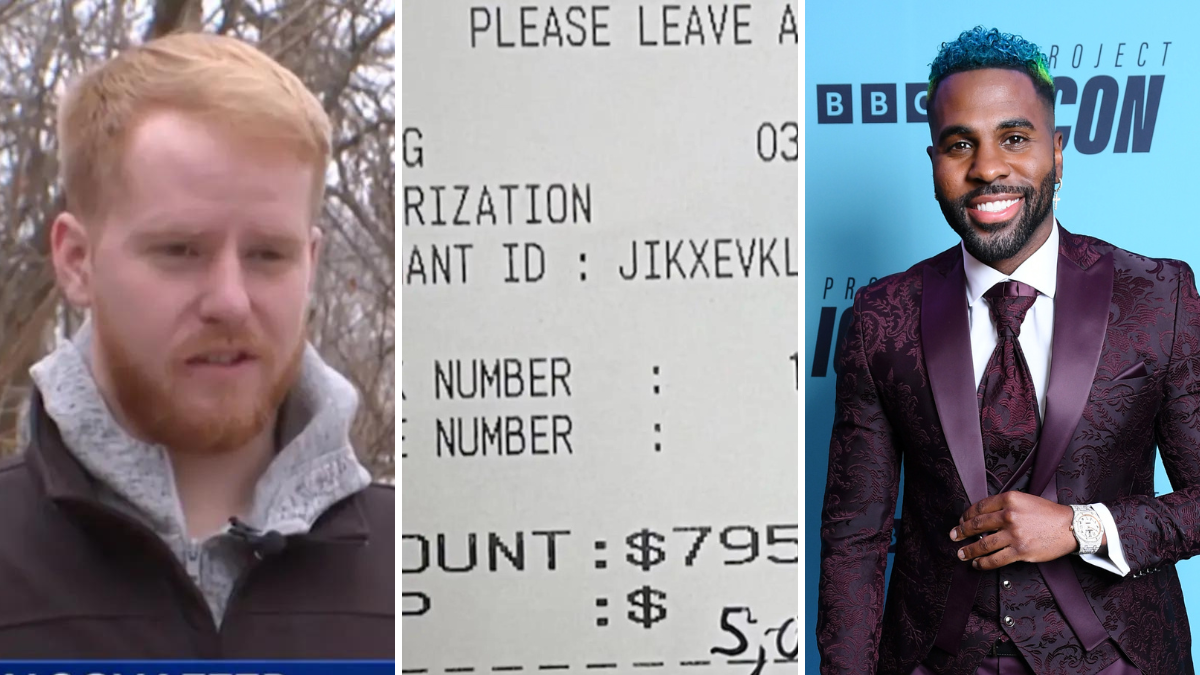 man with red hair and beard, a restaurant receipt and a man in a suit