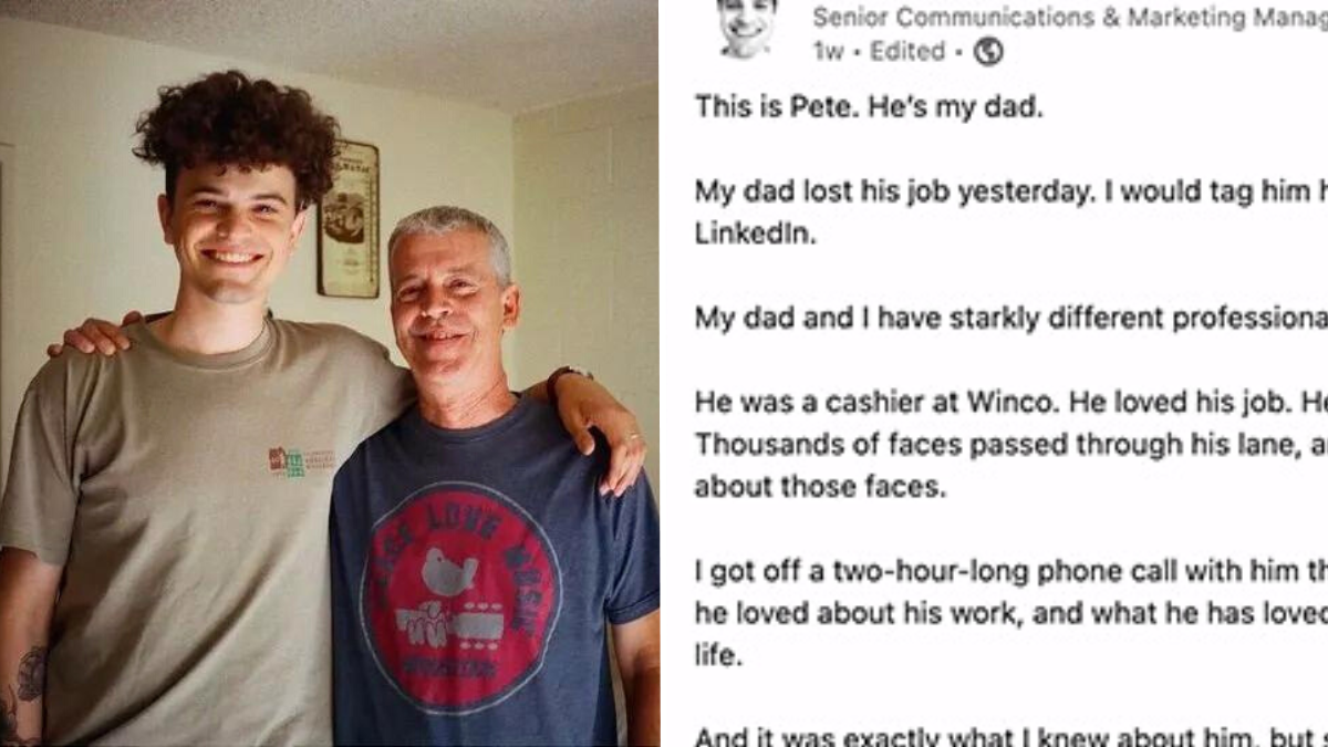 man with curly hair standing next to an older man and a screenshot of a LinkedIn post