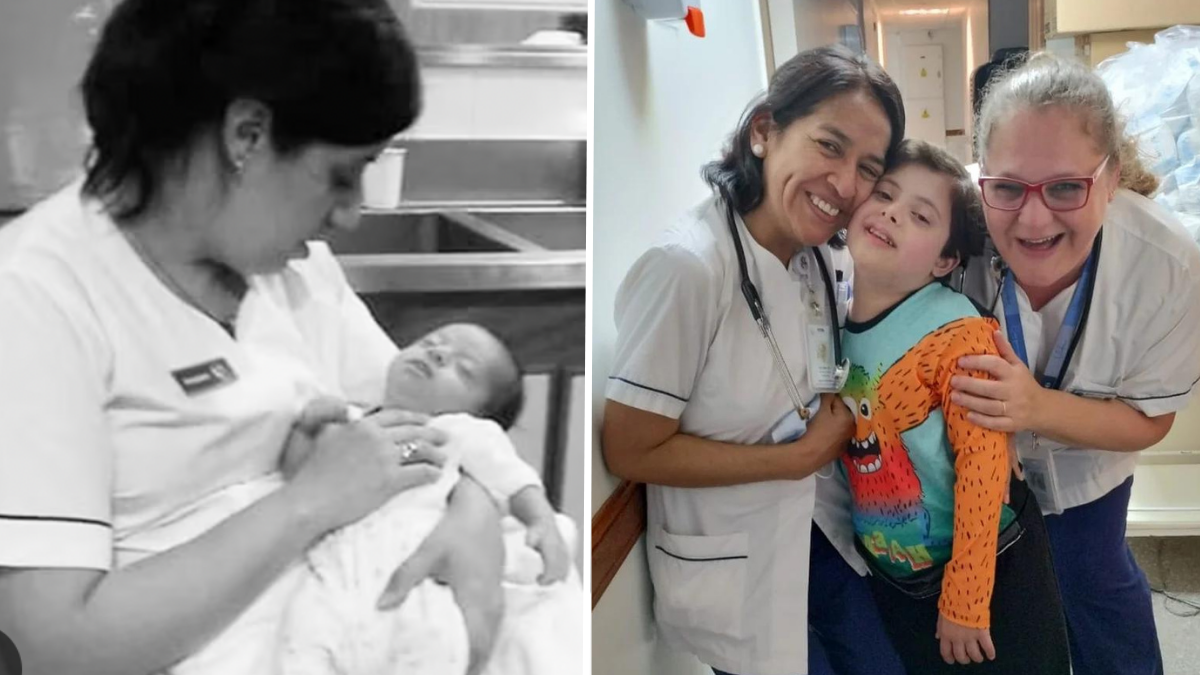 nurse holding a baby and a young boy between two nurses
