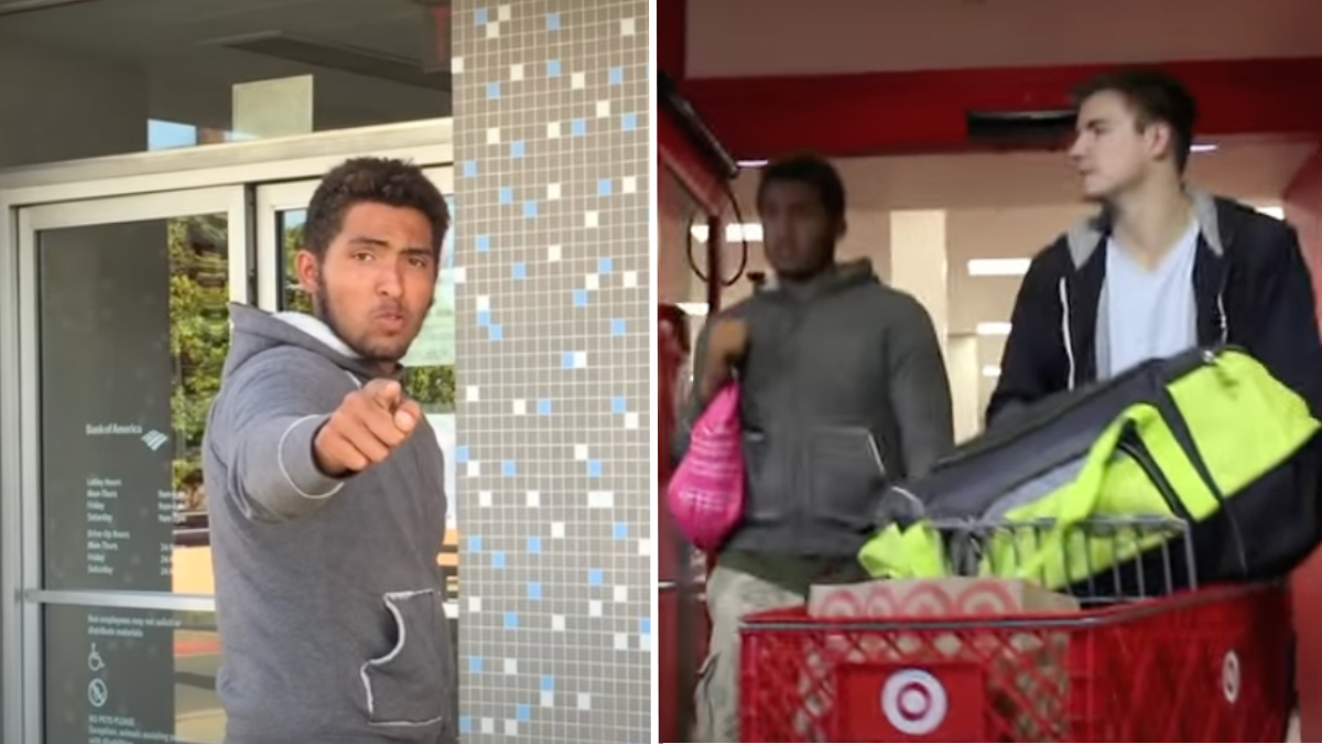 man pointing a finger and two men with a shopping cart