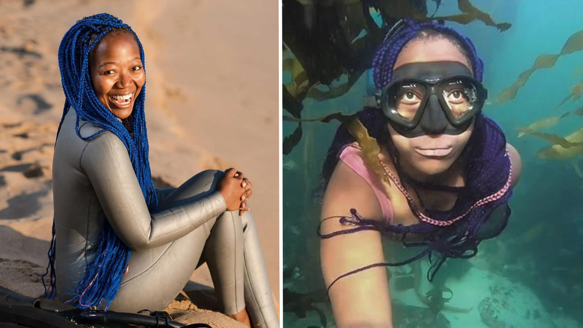 woman with blue hair sitting on the beach and woman scuba diving