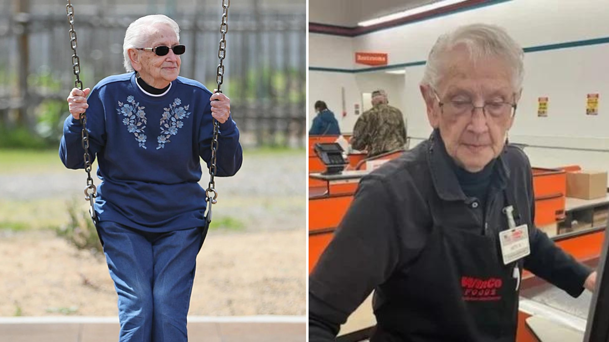 elderly woman on a swing and an elderly woman working as a cashier