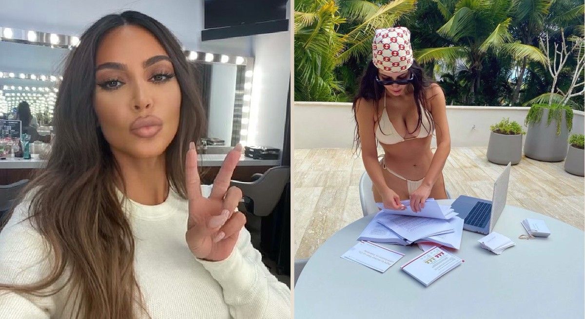 Kim Kardashian studying for the bar exam in a bikini.