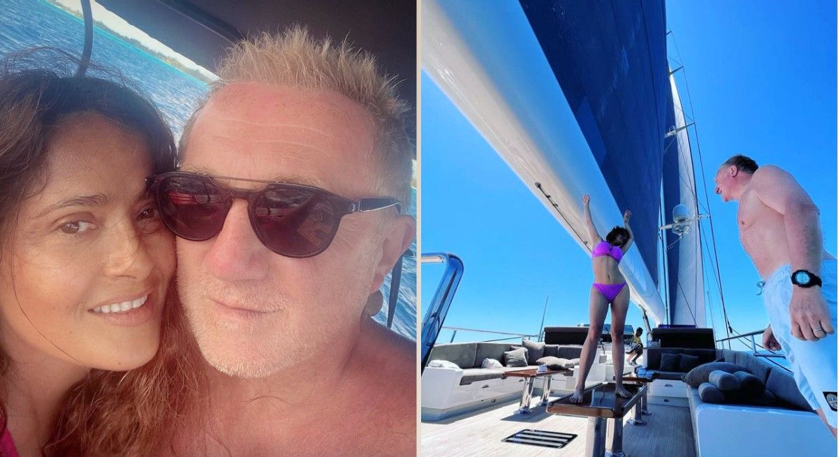 Salma Hayek and husband François-Henri Pinault in close up selfie and dancing on a boat.