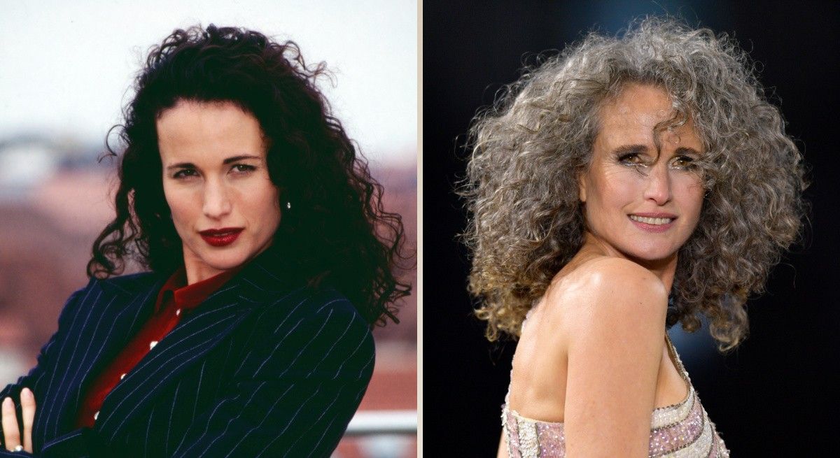 Andie MacDowell with dark brunette curls and with gray curls 30 years later.