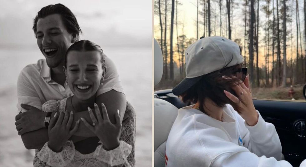 Millie Bobby Brown and Jake Bongiovi announcing their engagement on Instagram.