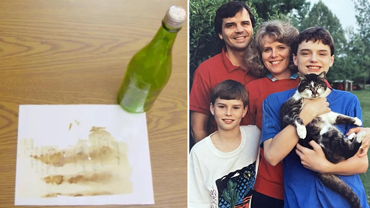 torn note and a green bottle and a man, woman, 2 boys and a dog