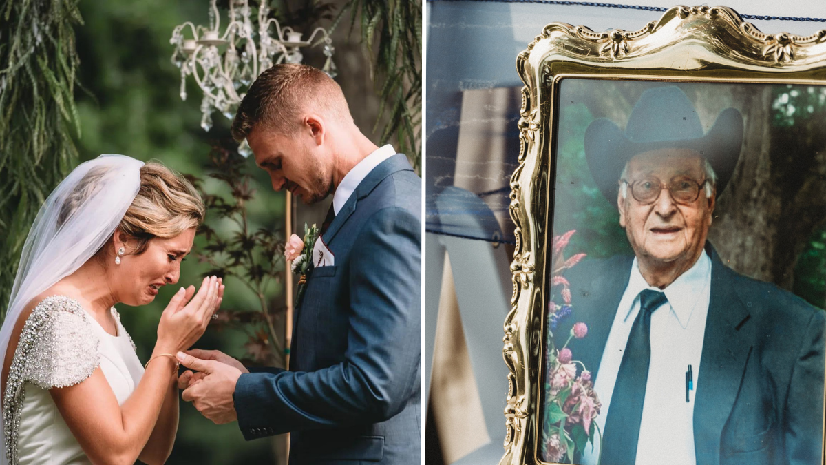 bride and groom crying and a framed photo of an elderly man