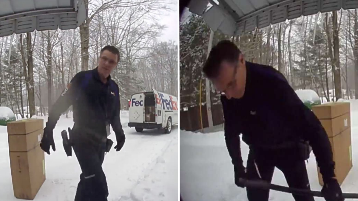 man shoveling snow off of customer's porch