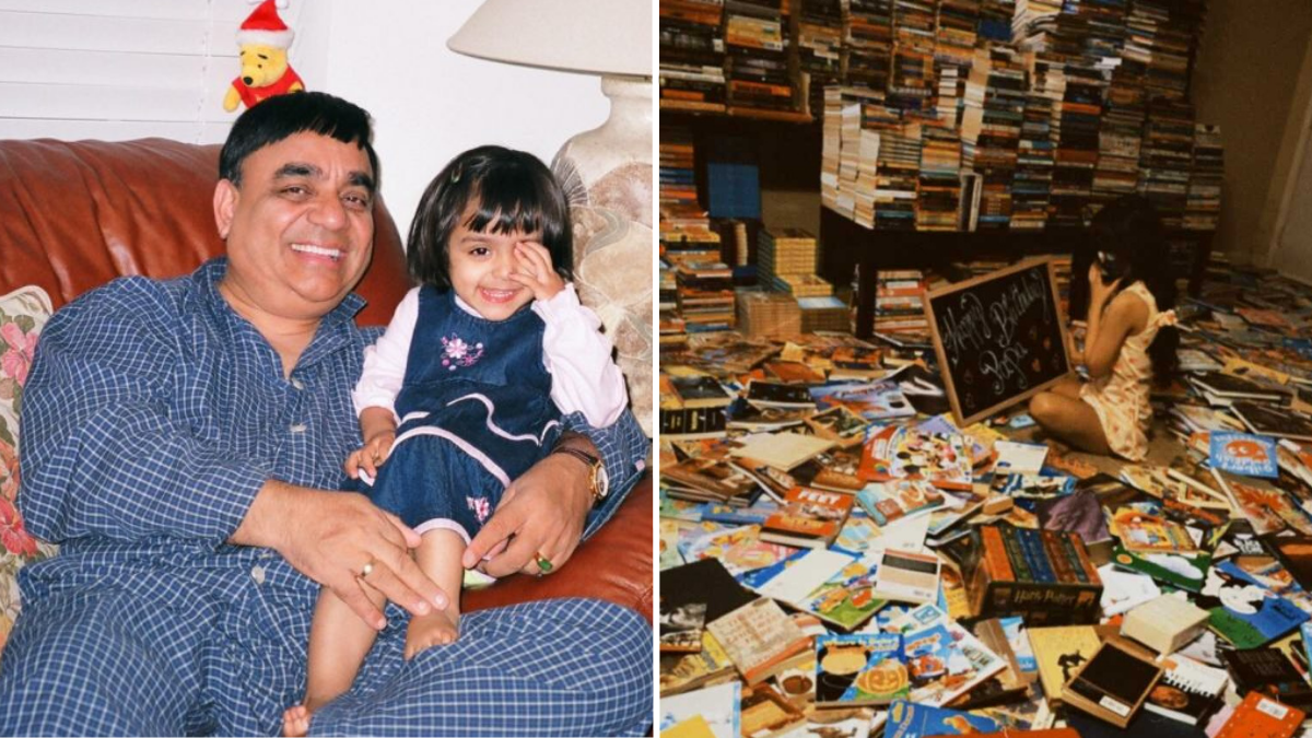 little girl sitting with a man and a room filled with books