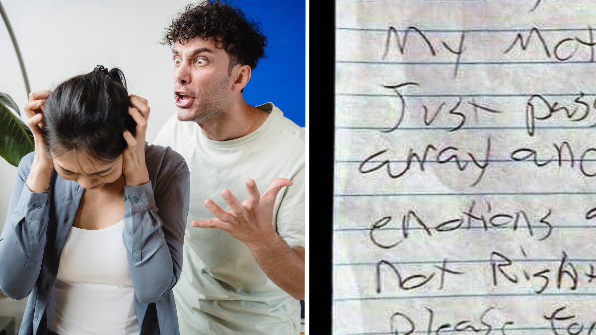 man yelling at woman and a handwritten note